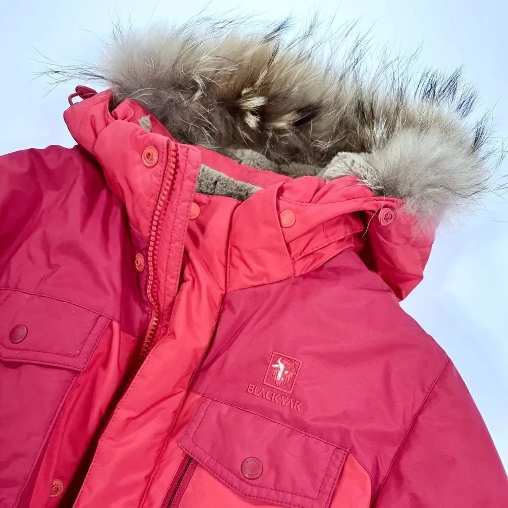 Black Yak red down puffer arctic snow coat with fur lined hood 145cm 10